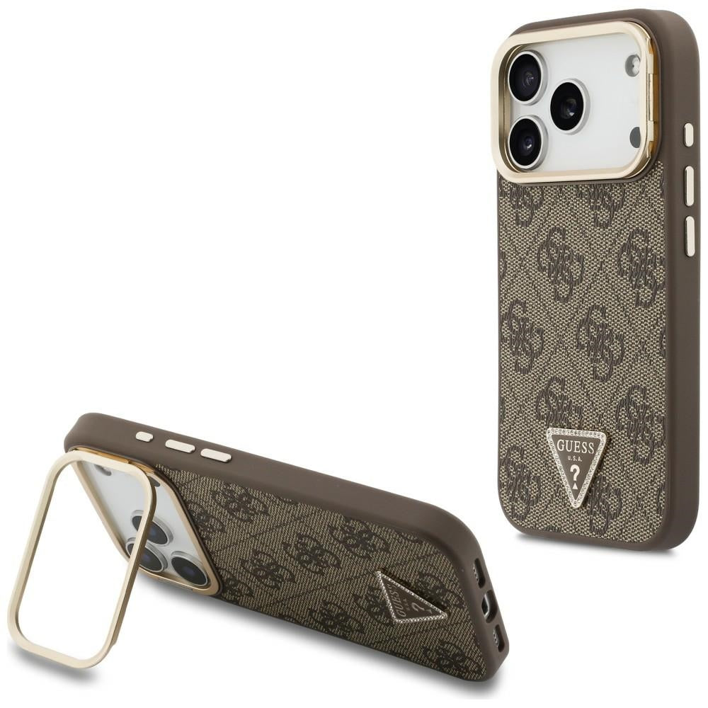 Coque MagSafe pour Apple iPhone 18 Pro Max / 17 Pro Max, Guess, logo triangulaire 4G et support pour appareil photo, marron