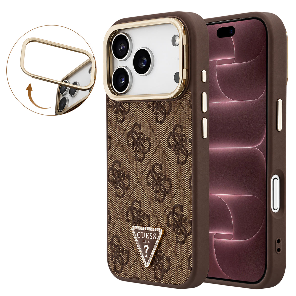 Coque MagSafe pour Apple iPhone 18 Pro Max / 17 Pro Max, Guess, logo triangulaire 4G et support pour appareil photo, marron