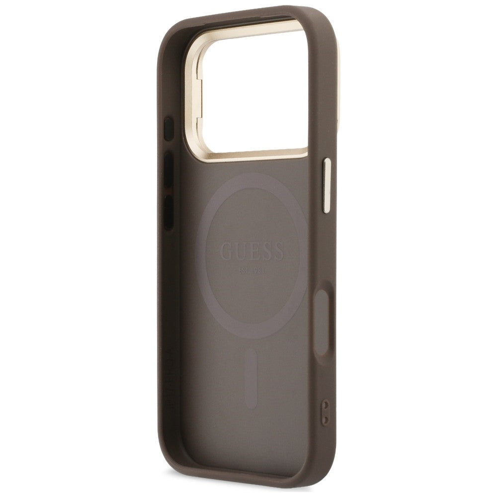 Coque MagSafe pour Apple iPhone 18 Pro Max / 17 Pro Max, Guess, logo triangulaire 4G et support pour appareil photo, marron