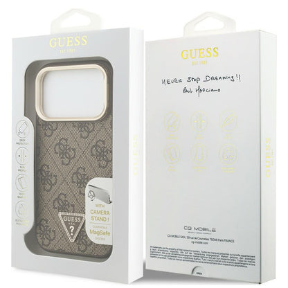 Coque MagSafe pour Apple iPhone 18 Pro Max / 17 Pro Max, Guess, logo triangulaire 4G et support pour appareil photo, marron