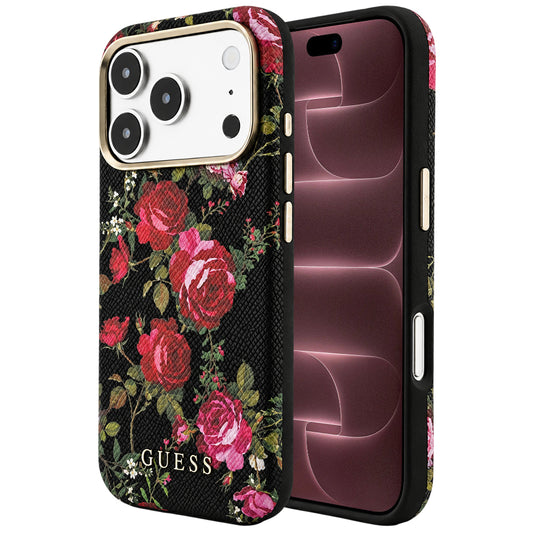MagSafe-hoesje voor Apple iPhone 18 Pro Max / 17 Pro Max, Guess, Blossom Roses Print, zwart
