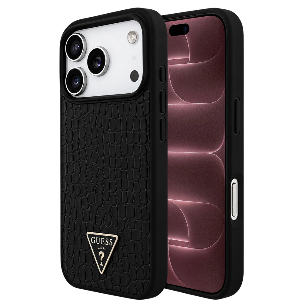 Coque MagSafe pour Apple iPhone 18 Pro Max / 17 Pro Max, Guess, Croco Triangle Logo, noire
