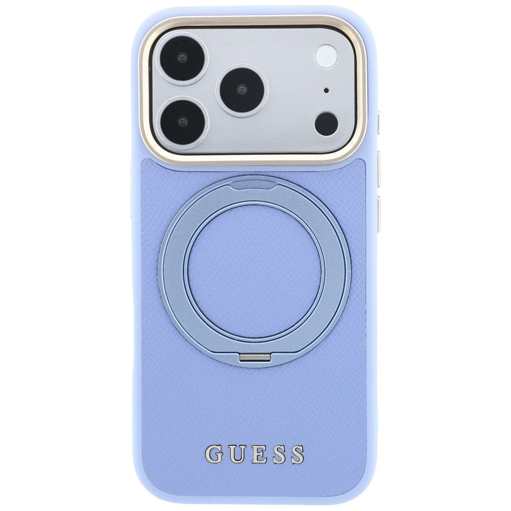 Coque MagSafe pour Apple iPhone 18 Pro Max / 17 Pro Max, Guess, Grained Ring Stand 360 Classic, bleu
