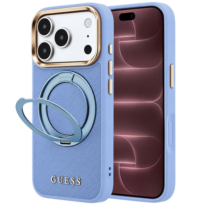 Coque MagSafe pour Apple iPhone 18 Pro Max / 17 Pro Max, Guess, Grained Ring Stand 360 Classic, bleu