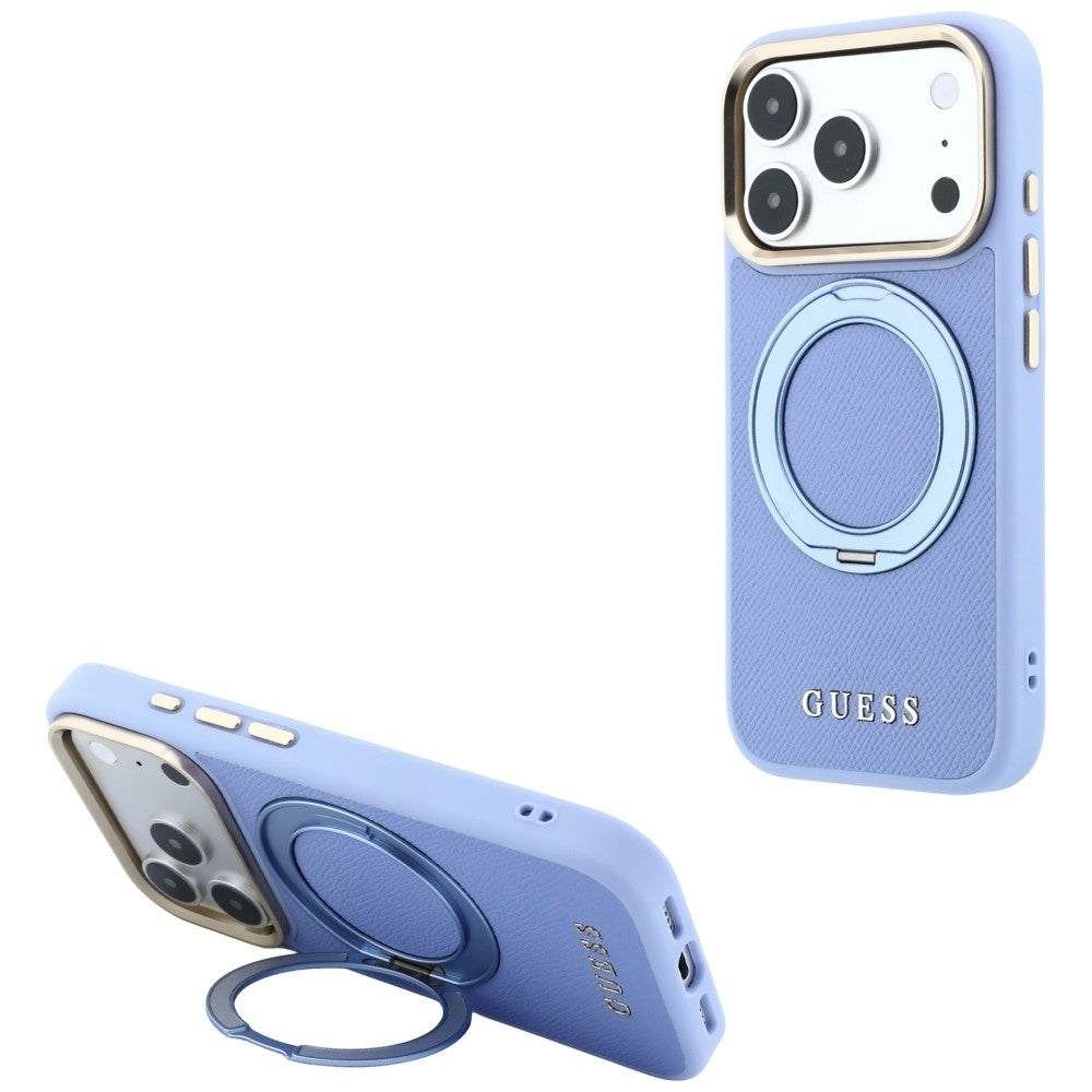 Coque MagSafe pour Apple iPhone 18 Pro Max / 17 Pro Max, Guess, Grained Ring Stand 360 Classic, bleu