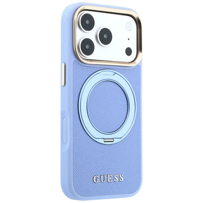Coque MagSafe pour Apple iPhone 18 Pro Max / 17 Pro Max, Guess, Grained Ring Stand 360 Classic, bleu