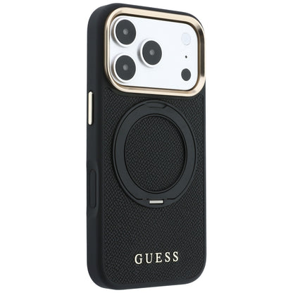 MagSafe Case for Apple iPhone 18 Pro Max / 17 Pro Max, Guess, Grained Ring Stand 360 Classic, Black
