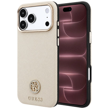 Coque MagSafe pour Apple iPhone 18 Pro Max / 17 Pro Max, Guess, Logo Strass Rond Grainé, Beige