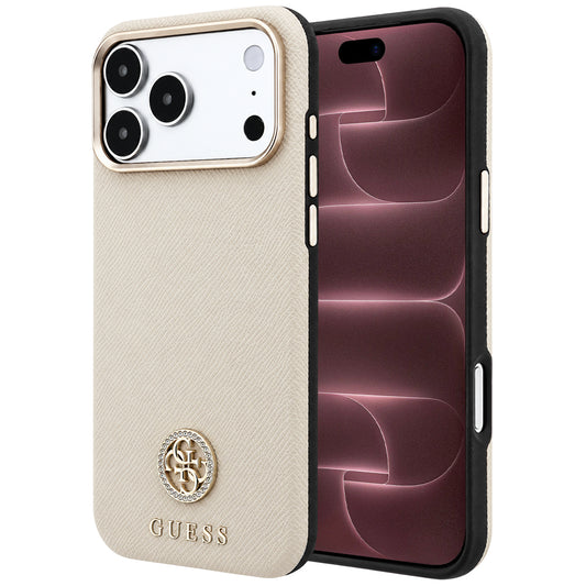 MagSafe-Hülle für Apple iPhone 18 Pro Max / 17 Pro Max, Guess, genarbtes rundes Strass-Logo, Beige