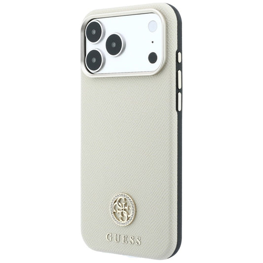 MagSafe-Hülle für Apple iPhone 18 Pro Max / 17 Pro Max, Guess, genarbtes rundes Strass-Logo, Beige