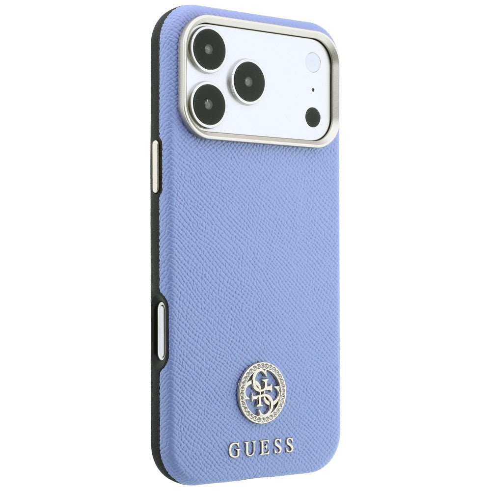 Coque MagSafe pour Apple iPhone 18 Pro Max / 17 Pro Max, Guess, Logo Strass Rond Grainé, Bleu