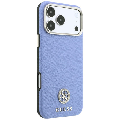 Coque MagSafe pour Apple iPhone 18 Pro Max / 17 Pro Max, Guess, Logo Strass Rond Grainé, Bleu
