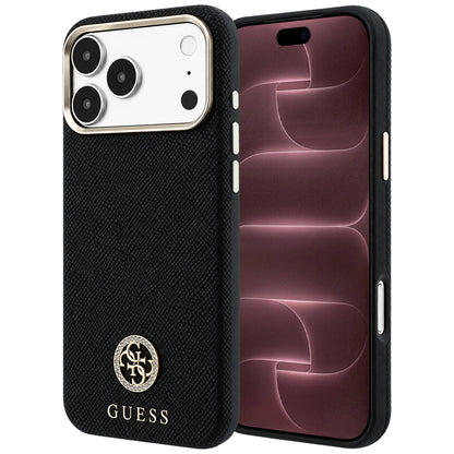 Coque MagSafe pour Apple iPhone 18 Pro Max / 17 Pro Max, Guess, Logo Strass Rond Granulé, Noire