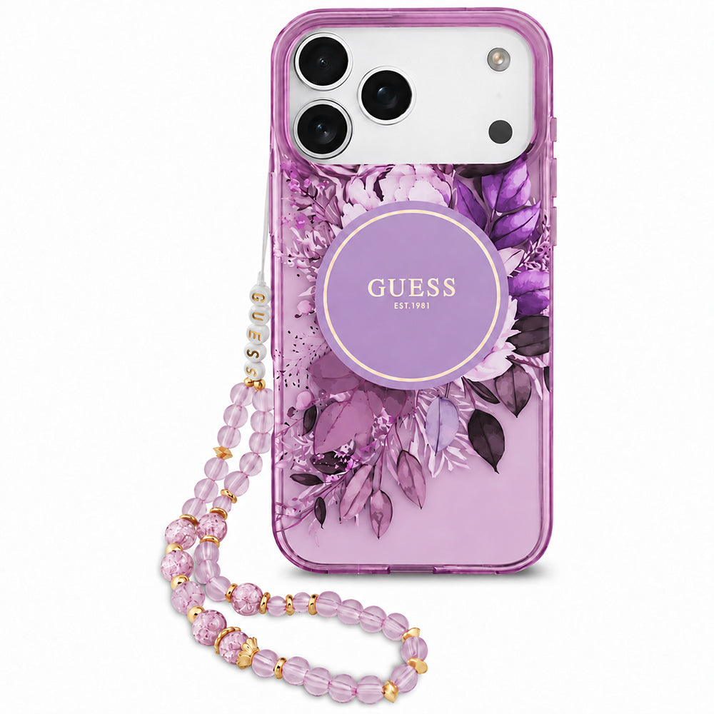 MagSafe-hoesje voor Apple iPhone 18 Pro Max / 17 Pro Max, Guess, IML Flowers with Pearl Strap, paars