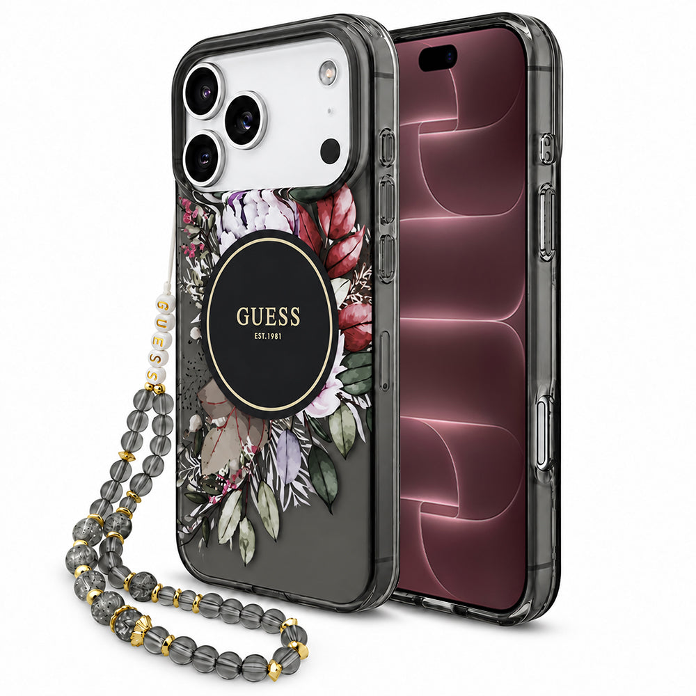 MagSafe-hoesje voor Apple iPhone 18 Pro Max / 17 Pro Max, Guess, IML Flowers with Pearl Strap, zwart