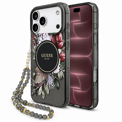 MagSafe-hoesje voor Apple iPhone 18 Pro Max / 17 Pro Max, Guess, IML Flowers with Pearl Strap, zwart
