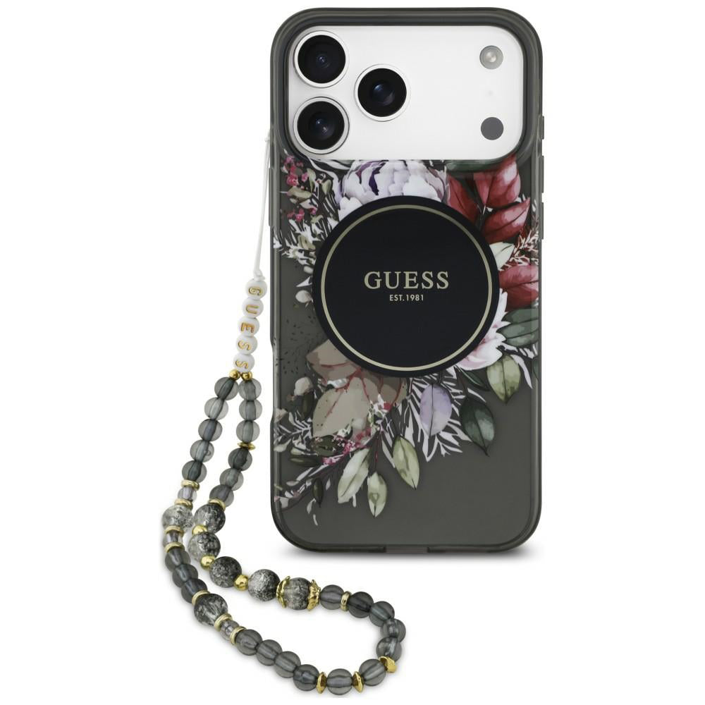 MagSafe-hoesje voor Apple iPhone 18 Pro Max / 17 Pro Max, Guess, IML Flowers with Pearl Strap, zwart
