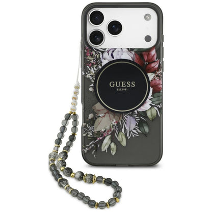 MagSafe-hoesje voor Apple iPhone 18 Pro Max / 17 Pro Max, Guess, IML Flowers with Pearl Strap, zwart