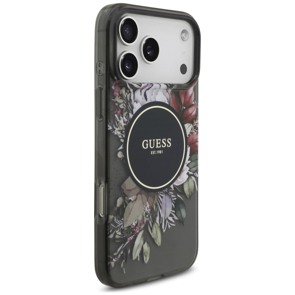 MagSafe-hoesje voor Apple iPhone 18 Pro Max / 17 Pro Max, Guess, IML Flowers with Pearl Strap, zwart