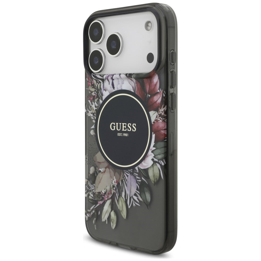MagSafe-hoesje voor Apple iPhone 18 Pro Max / 17 Pro Max, Guess, IML Flowers with Pearl Strap, zwart