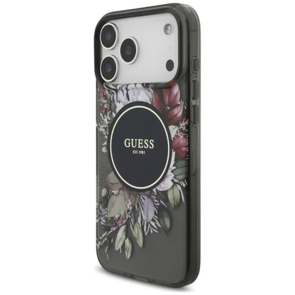 MagSafe-hoesje voor Apple iPhone 18 Pro Max / 17 Pro Max, Guess, IML Flowers with Pearl Strap, zwart