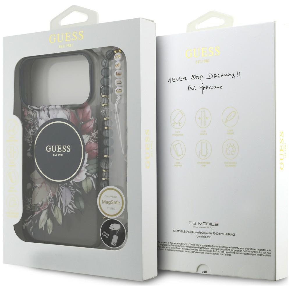 MagSafe-hoesje voor Apple iPhone 18 Pro Max / 17 Pro Max, Guess, IML Flowers with Pearl Strap, zwart