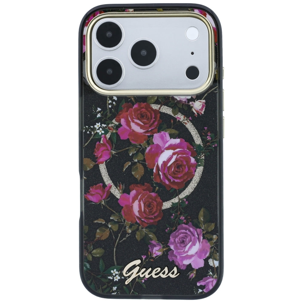 MagSafe-Hülle für Apple iPhone 18 Pro Max / 17 Pro Max, Guess, IML Glitter Blossom Roses, Schwarz
