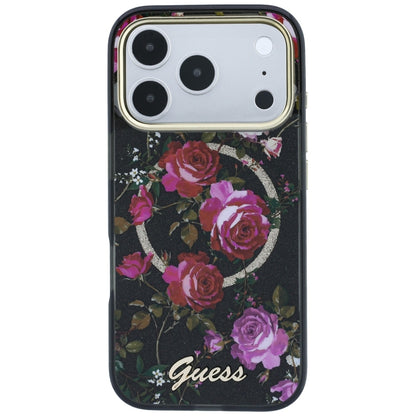 MagSafe-Hülle für Apple iPhone 18 Pro Max / 17 Pro Max, Guess, IML Glitter Blossom Roses, Schwarz
