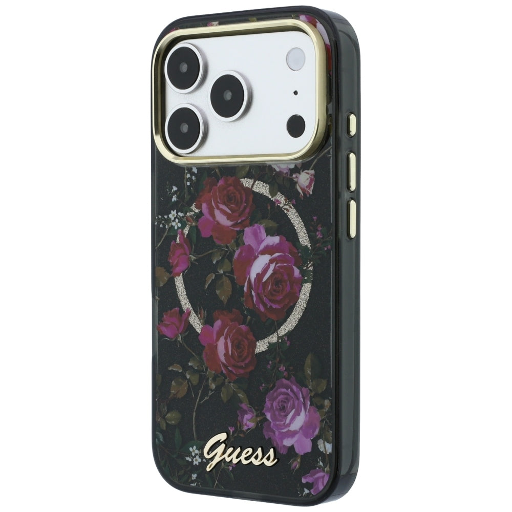 MagSafe-Hülle für Apple iPhone 18 Pro Max / 17 Pro Max, Guess, IML Glitter Blossom Roses, Schwarz