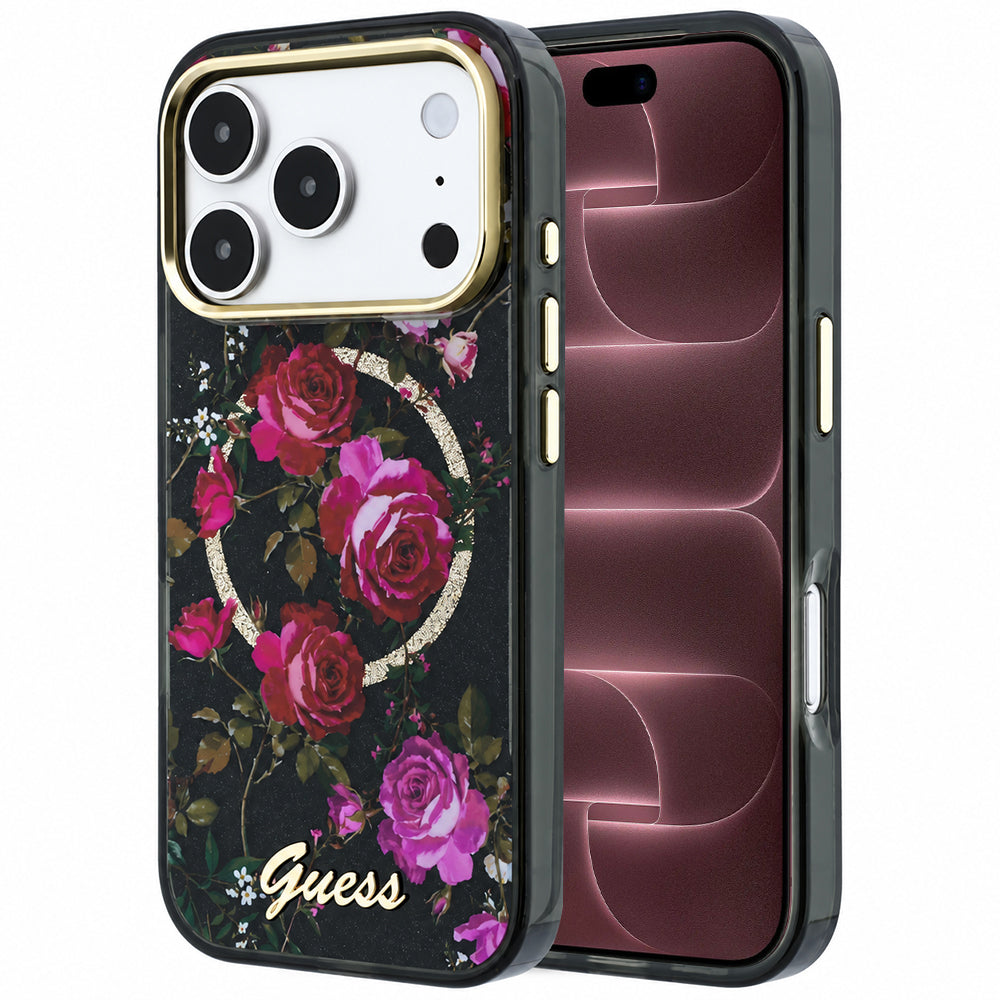 MagSafe-Hülle für Apple iPhone 18 Pro Max / 17 Pro Max, Guess, IML Glitter Blossom Roses, Schwarz
