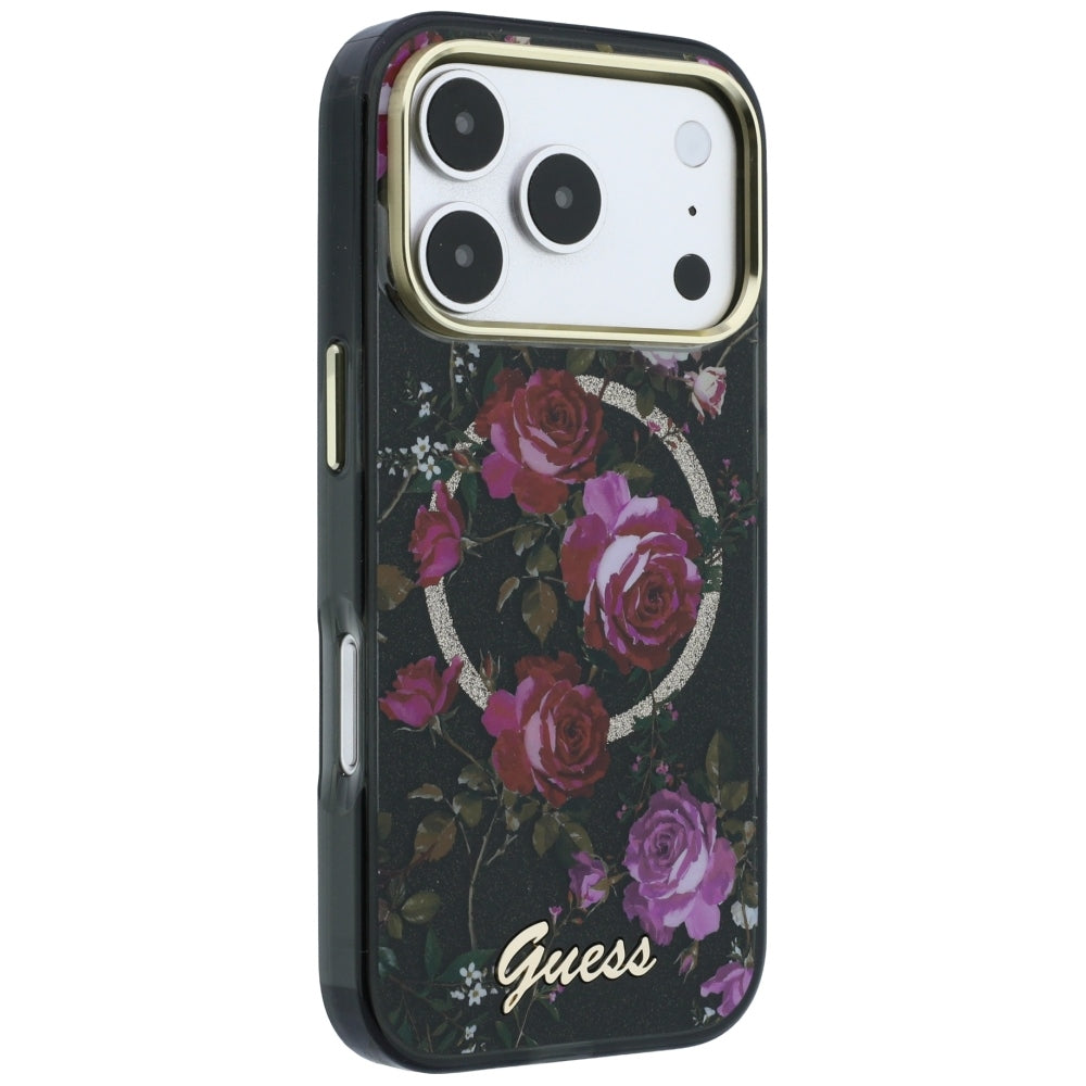 MagSafe-Hülle für Apple iPhone 18 Pro Max / 17 Pro Max, Guess, IML Glitter Blossom Roses, Schwarz