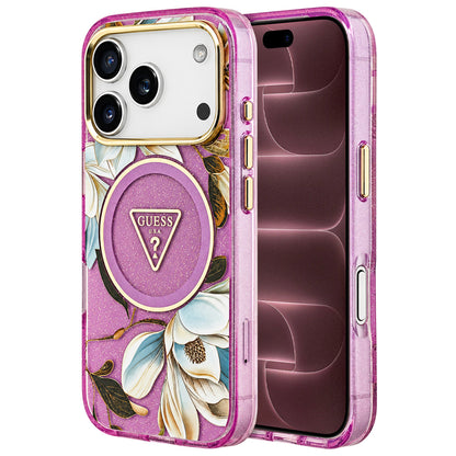 Coque MagSafe pour Apple iPhone 18 Pro Max / 17 Pro Max, Guess, IML Metal Glitter Flowers Triangle, violette