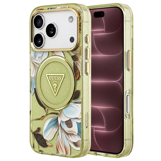 MagSafe-Hülle für Apple iPhone 18 Pro Max / 17 Pro Max, Guess, IML Metal Glitter Flowers Triangle, Grün