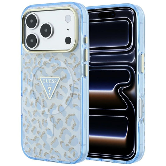 Coque MagSafe pour Apple iPhone 18 Pro Max / 17 Pro Max, Guess, Logo Triangle Paillettes Léopard, Bleu