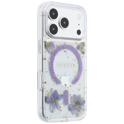 MagSafe-Hülle für Apple iPhone 18 Pro Max / 17 Pro Max, Guess, Harzblumen und Glitzer, Lila