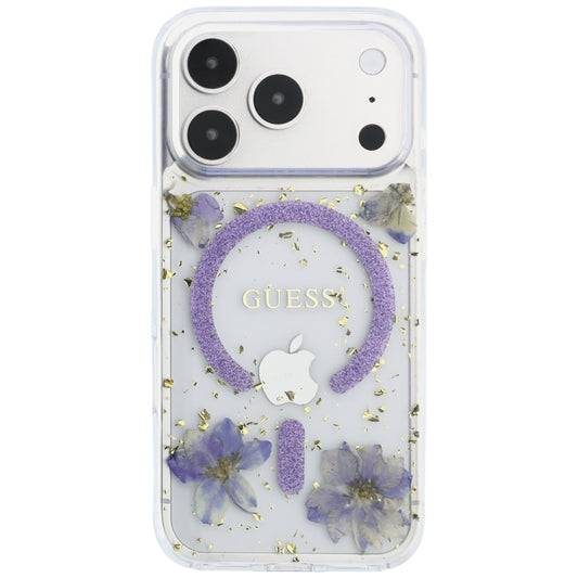 MagSafe-Hülle für Apple iPhone 18 Pro Max / 17 Pro Max, Guess, Harzblumen und Glitzer, Lila