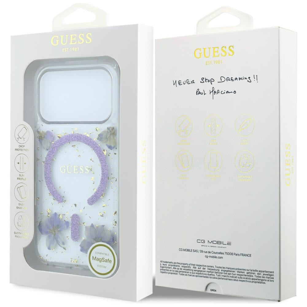 MagSafe-Hülle für Apple iPhone 18 Pro Max / 17 Pro Max, Guess, Harzblumen und Glitzer, Lila