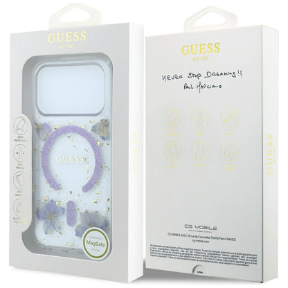 MagSafe-Hülle für Apple iPhone 18 Pro Max / 17 Pro Max, Guess, Harzblumen und Glitzer, Lila