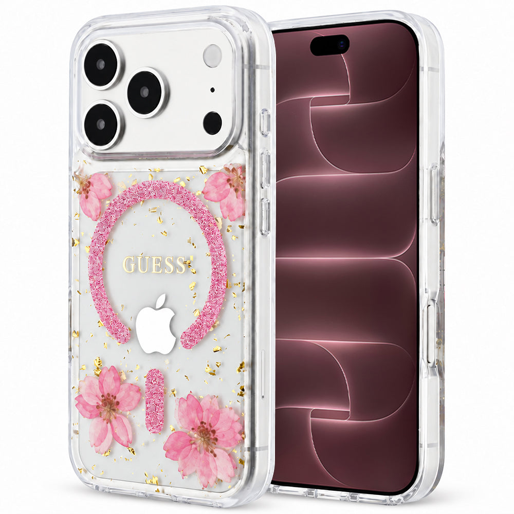 MagSafe-hoesje voor Apple iPhone 18 Pro Max / 17 Pro Max, Guess, Resin Flowers and Glitter, roze