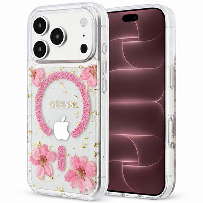 MagSafe-hoesje voor Apple iPhone 18 Pro Max / 17 Pro Max, Guess, Resin Flowers and Glitter, roze