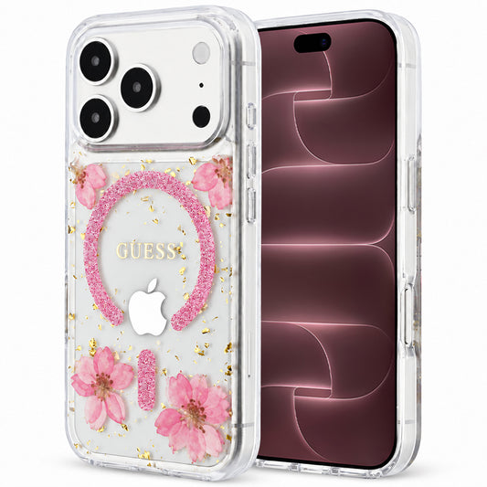 MagSafe-Hülle für Apple iPhone 18 Pro Max / 17 Pro Max, Guess, Resin Flowers and Glitter, Rosa