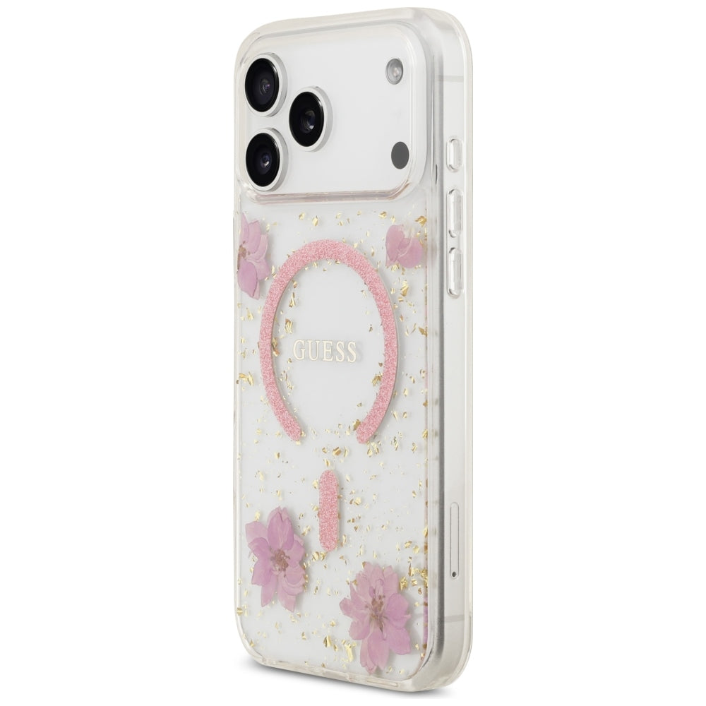 MagSafe-hoesje voor Apple iPhone 18 Pro Max / 17 Pro Max, Guess, Resin Flowers and Glitter, roze