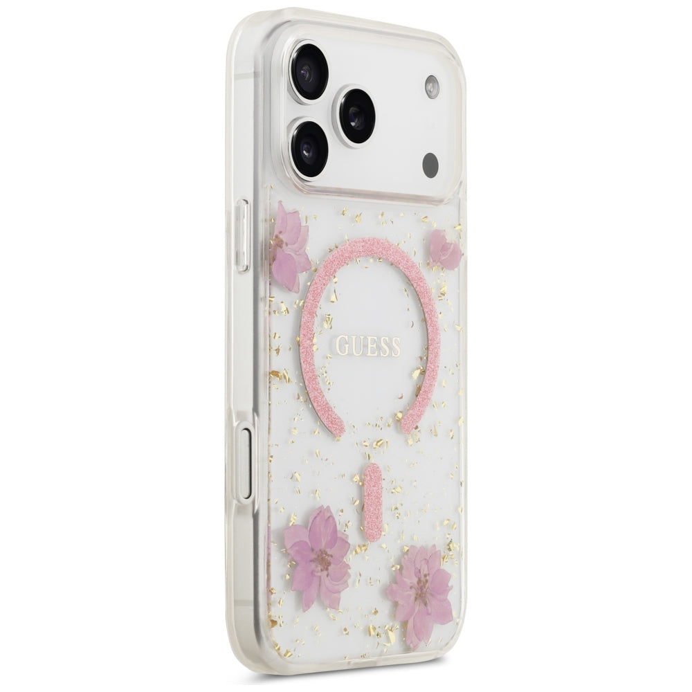 MagSafe-hoesje voor Apple iPhone 18 Pro Max / 17 Pro Max, Guess, Resin Flowers and Glitter, roze