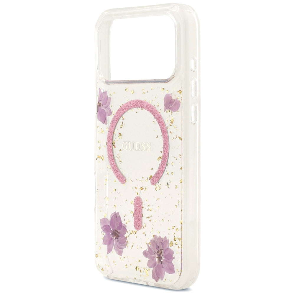 MagSafe-hoesje voor Apple iPhone 18 Pro Max / 17 Pro Max, Guess, Resin Flowers and Glitter, roze