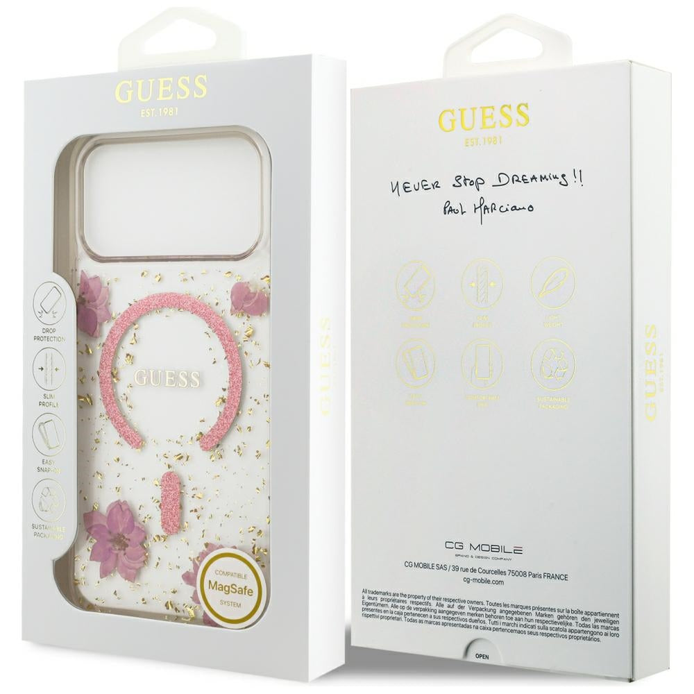 MagSafe-hoesje voor Apple iPhone 18 Pro Max / 17 Pro Max, Guess, Resin Flowers and Glitter, roze