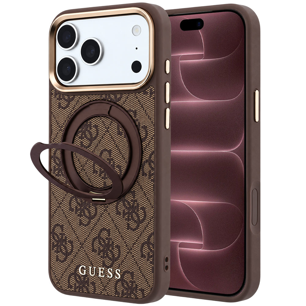 Coque MagSafe pour Apple iPhone 18 Pro Max / 17 Pro Max, Guess, Support Anneau 360 4G Logo Classique, Marron