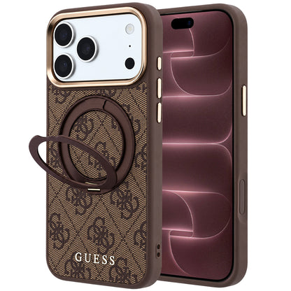 Coque MagSafe pour Apple iPhone 18 Pro Max / 17 Pro Max, Guess, Support Anneau 360 4G Logo Classique, Marron