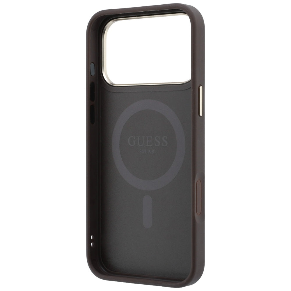 Coque MagSafe pour Apple iPhone 18 Pro Max / 17 Pro Max, Guess, Support Anneau 360 4G Logo Classique, Marron