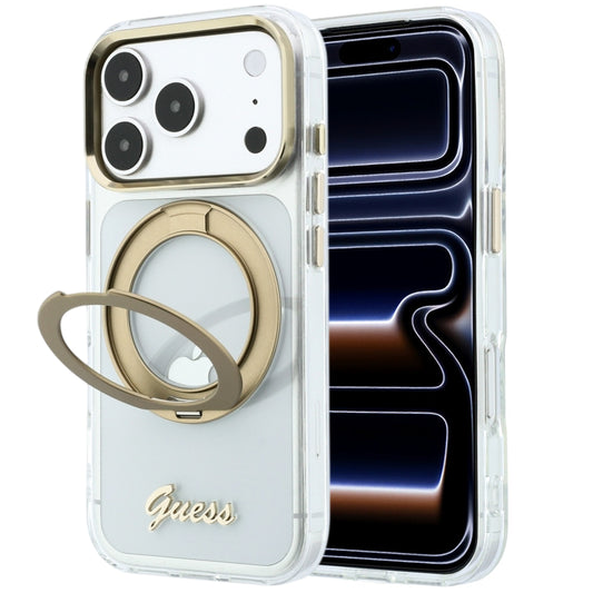 MagSafe-hoes voor Apple iPhone 18 Pro Max / 17 Pro Max, Guess, Ring Stand Script Metaallogo, Transparant