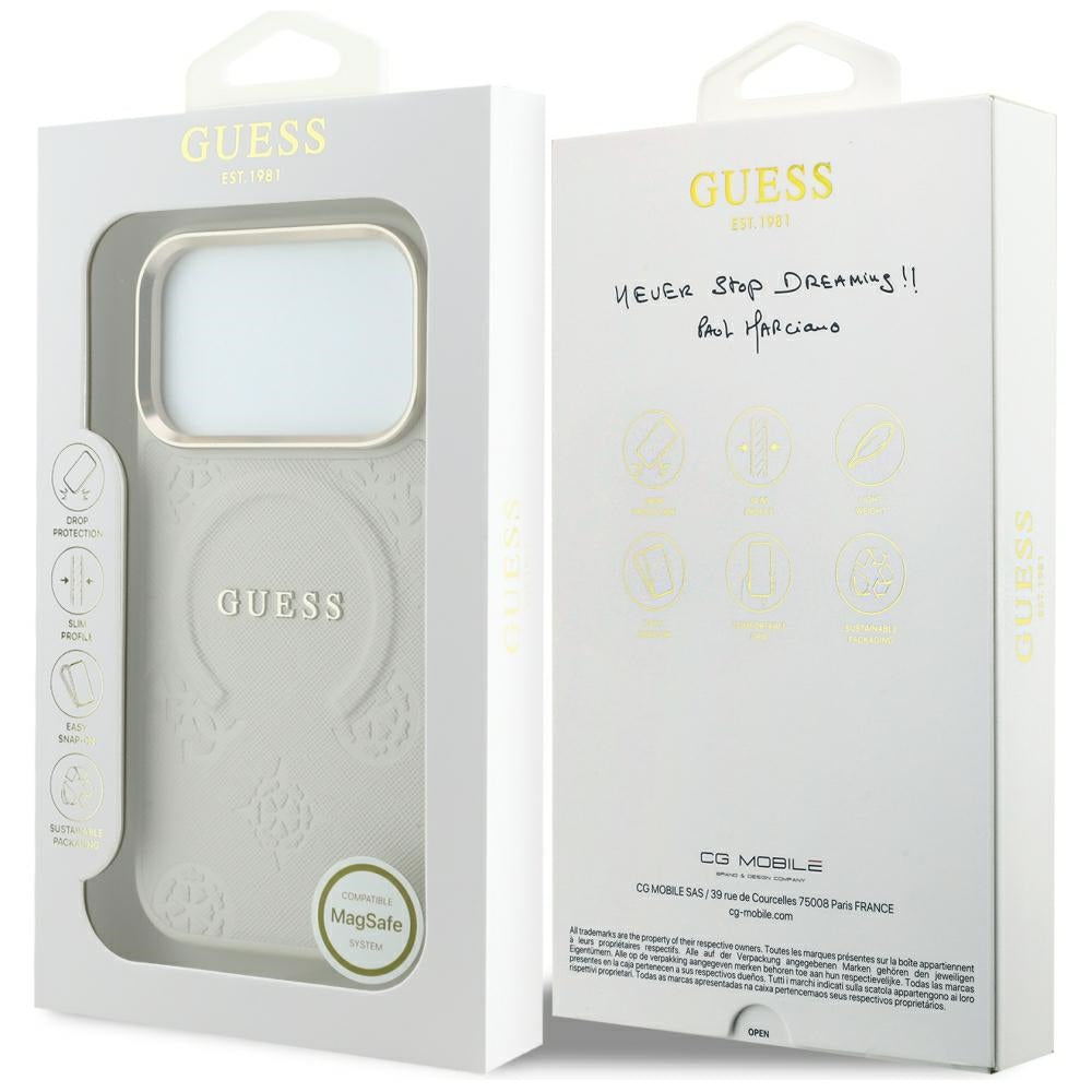 Coque MagSafe pour Apple iPhone 18 Pro Max / 17 Pro Max, Guess, Saffiano Peony Hot Stamp, Beige